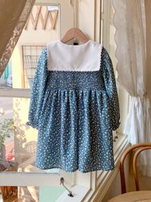 Blossori Young Girls' French Elegant Blue Ditsy Floral Color Block Collar Loose Woven Dress, Spring/Summer