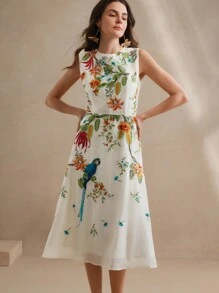 Anewsta 女士圆领无袖花卉刺绣简约休闲连衣裙