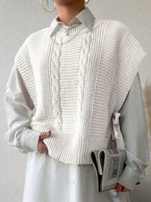 EURMUSE 1pc Tie Side Cable Knit Sweater Vest - Beige - View 5