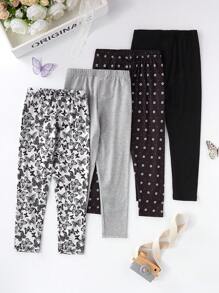 Set de 4 leggings largos con estampado de mariposas y flores todo sobre negro y gris para niña joven