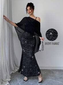 SHEIN Unity Elenzga 女士派对休闲约会黑银色闪亮高弹简约纯色雪纺透视性感派对晚会约会披肩吊带连衣裙两件套 - 黑色 - 查看 1