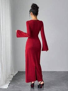 Modelyn Damen Kleid mit einfarbigen glockenförmigen Ärmeln, plissiert und figurbetont, elegant