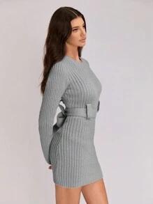 SHEIN Unity 女士纯色圆领长袖休闲修身毛衣连衣裙 - 淺灰色 - 查看 5