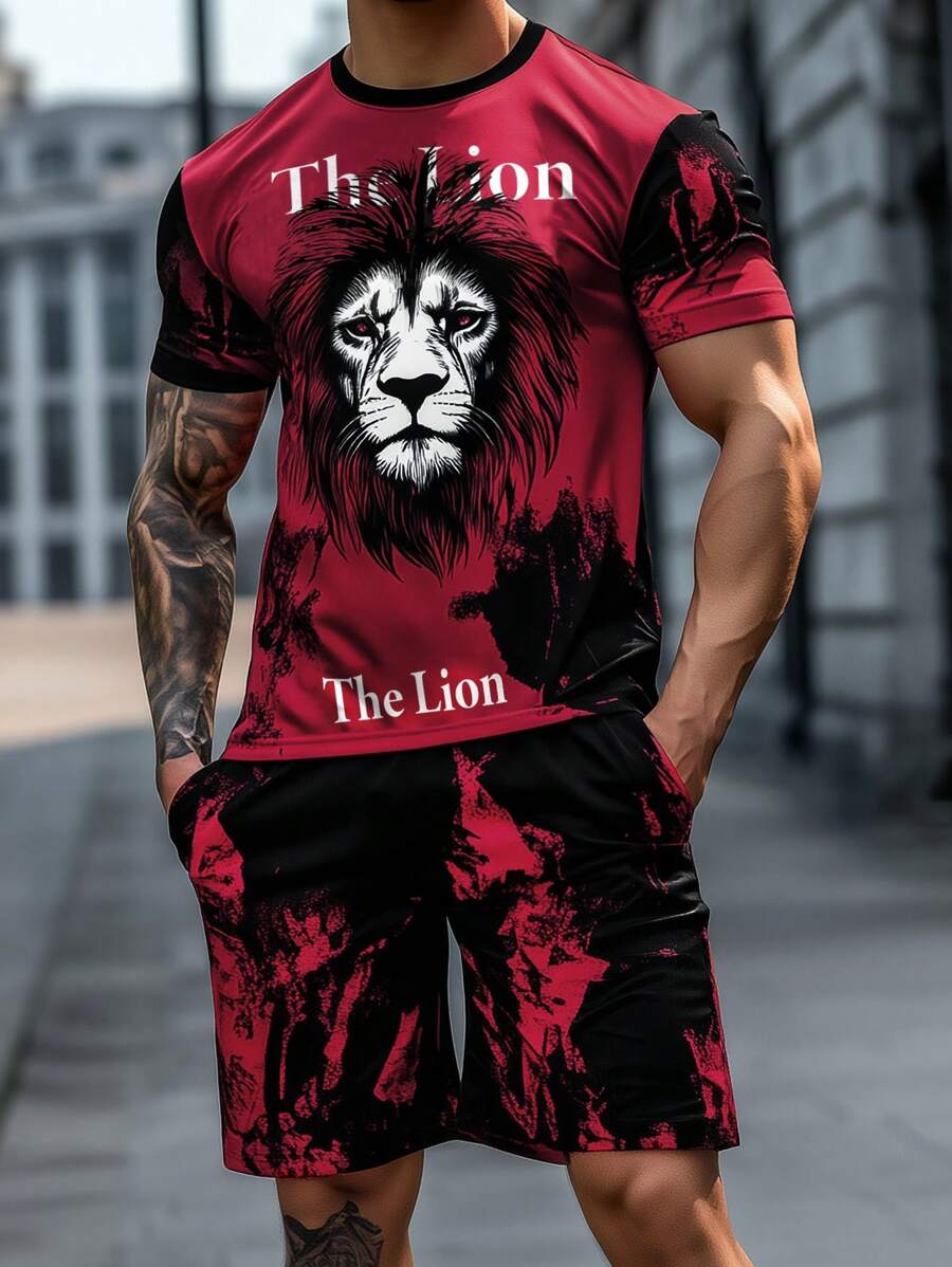 Manfinity LEGND 男士字母狮子图案圆领短袖休闲 T 恤和抽绳腰短裤套装
