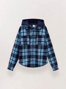 SHEIN 男童格子长袖单排扣口袋休闲连帽衬衫，秋冬 - 藍色 - 查看 1