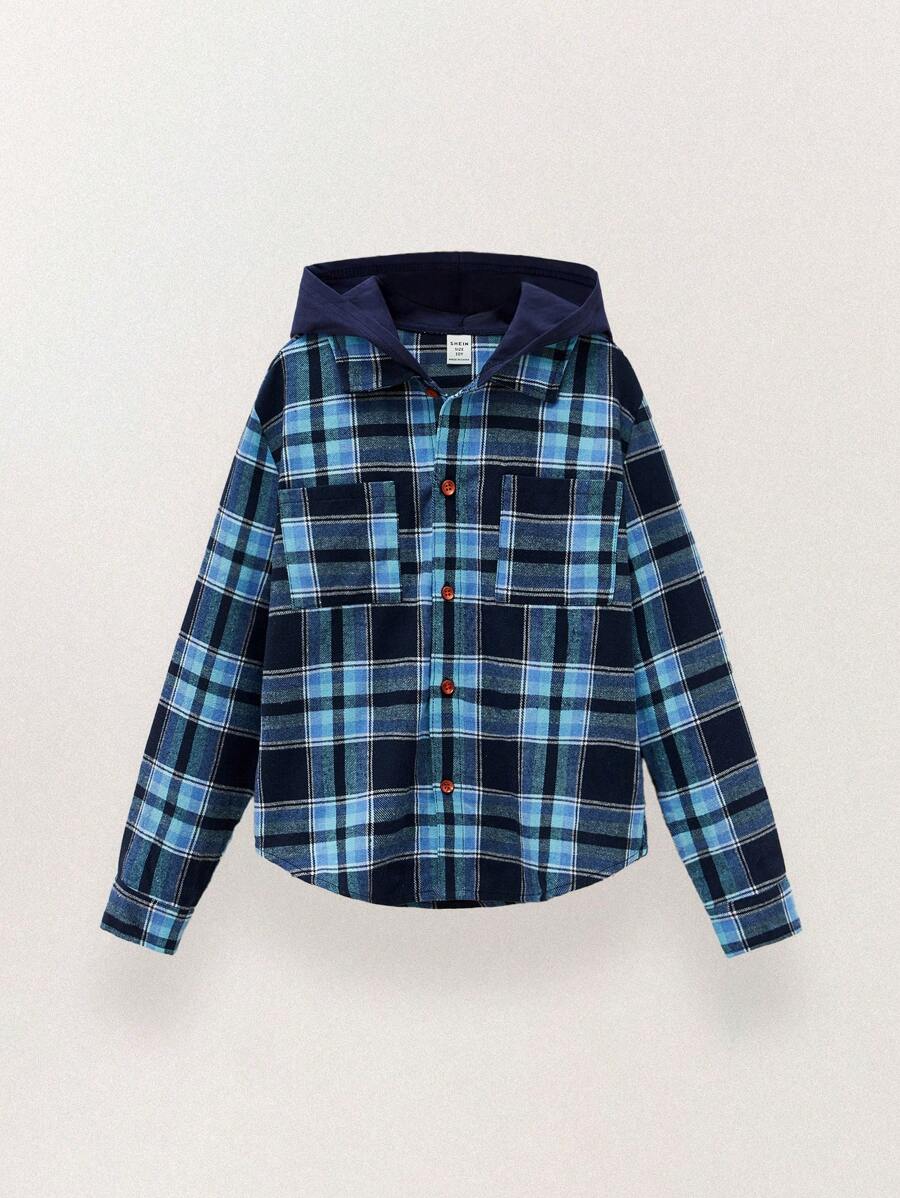 SHEIN 男童格子长袖单排扣口袋休闲连帽衬衫，秋冬 - 藍色 - 查看 1