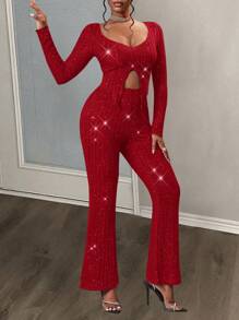 Slaydiva 女式长袖罗纹 T 恤和裤子套装，带开衩下摆设计 - 紅色 - 查看 3