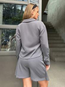 EURMUSE Urban Chic Label Detailed Crop Shirt & Pleated Skort Two-Pieces Matching Set - Grey - View 2