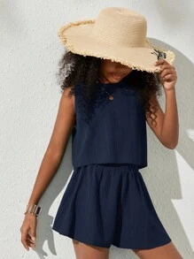 SHEIN Tween Girls Casual Plain Woven ärmlös topp och lösa shorts Set, vardagskläder - Marinblå - Visa 5