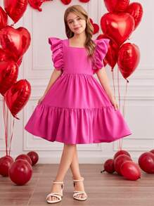SHEIN Tween Girls' Square Neck Bow Cap Sleeve Dress, Suitable For Valentine's Day, Daily, Commute, Holidays Wear