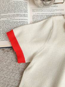 SHEIN Young Girls Red Fitted Polo Neck Sweater, Autumn/Winter - Beige - View 6