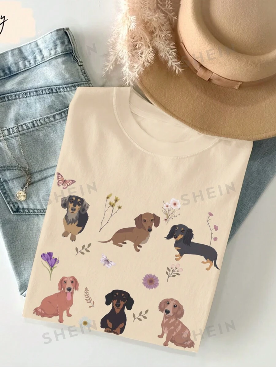 INAWLY Camiseta de manga corta con estampado casual y bonito de cachorro y flores para mujer