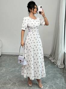 Modelyn Đầm thường ngày cổ tròn tay ngắn in hoa toàn thân có dây rút eo cho nữ - Màu tím - Xem 4
