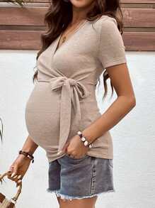 SHEIN Pregnant Women Loose C-Tie Wrap Nursing T-Shirt, Casual Vacation