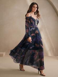 Anewsta Váy len dệt kim in họa tiết nhuộm loang cổ chữ V hở vai dây mảnh thời trang mùa xuân cho nữ dài tay xếp ly đính đá sang trọng - Màu xanh lam - Xem 7