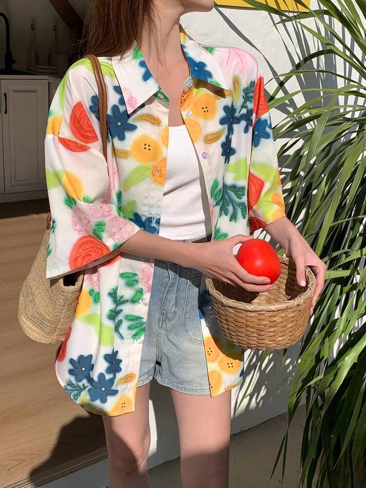 Women All-Over Print Turndown Collar Casual Short Sleeve Shirt Floral,Fall Clothes Boho