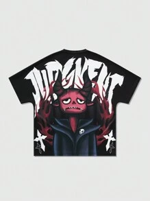 ROMWE MEN Street Life Camiseta deportiva de manga corta holgada con estampado de letras y dibujos animados para hombre