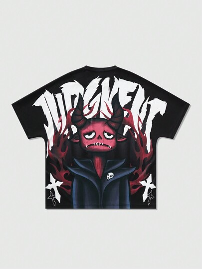 Street Life Camiseta deportiva de manga corta holgada con estampado de letras y dibujos animados para hombre