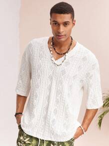 Manfinity VCAY Men's Knitted Casual Loose V-Neck Short Sleeve T-Shirt, Fashionable Young Style - White - View 3