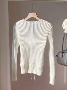 SHEIN EZwear Women's Casual Solid Color Drawstring Waist Cardigan, Autumn - White - View 2