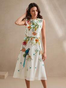 Anewsta 女士圆领无袖花卉刺绣简约休闲连衣裙