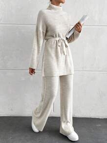 EURMUSE High Collar Belted Woolen Two Pieces Suit - Beige - View 3