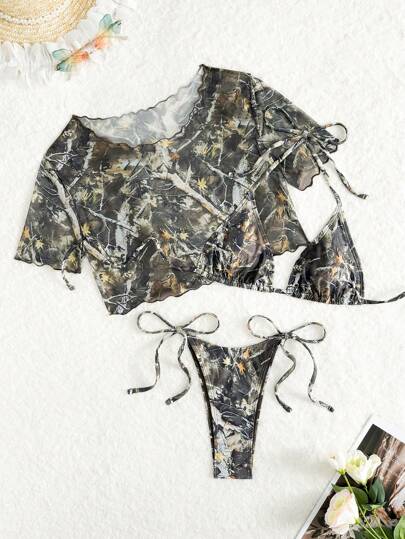 Swim Vcay Set de 3 piezas de traje de baño tipo bikini para mujer, con cubrimiento de estampado colorido, cuello halter, cuello redondo y manga corta