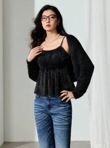 EastFlair 2pcs Women Winter Thick Knit Suspender Strap Jumper Dress Set/Summer - Black - View 6
