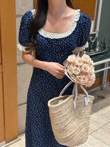 DAZY 女士圆领蕾丝拼接波尔卡圆点中长连衣裙夏季太阳裙，休闲女装 - 藍色 - 查看 5