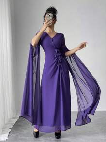 Modelyn Váy lưới dài tay thanh lịch cho nữ có họa tiết hoa 3D - Màu tím - Xem 6