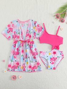 1 bộ đồ bơi đi biển in họa tiết chim hồng hạc khoét eo cho bé gái kèm áo choàng - Màu Hồng Tươi - Xem 1