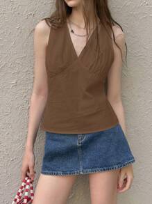 Jouncy Women's Solid Color V-Neck Sleeveless Casual Tank Top - Brown - View 3