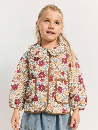 SHEIN Maija Kids 年轻女孩碎花绗缝加厚领长袖夹克，可爱乡村风格