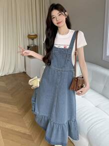 DAZY Women's Casual Denim Pinafore Dress With Ruffle Hemline