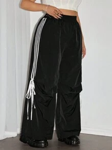 SHEIN ICON Pantalones informales de talle alto con cintura elástica, rayas laterales y cordón para mujer de tallas grandes