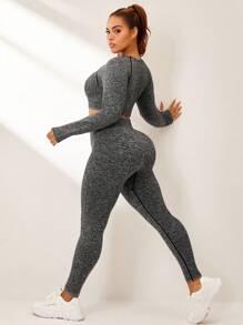 Easithlete Women Plus Size Seamless Athletic Long Sleeve Top And Leggings Set, For Winter - Grey - View 3