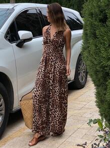 DAZY Leopard Print Halter Jumpsuit With Drawstring Bowknot , Bohemian Style For Women, Spring/Summer Vacation Cheetah Print Women Rompers - Brown - View 3