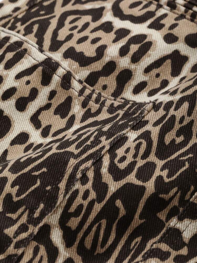 Women Leopard Print Short A-Line Denim Mini Skirt Cheetah Print Jeans Skirt