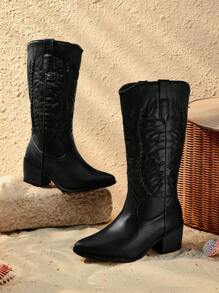 Styleloop 女士黑色粗跟中筒靴，适合日常穿着，波西米亚风格，美式复古，波西米亚风，西部风，音乐节，派对，圣诞节，万圣节 - 黑色 - 查看 2