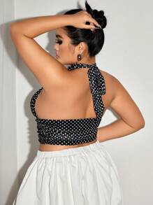 SHEIN ICON Plus Size Polka Dot Halter Neck Backless Top - Black and White - View 6