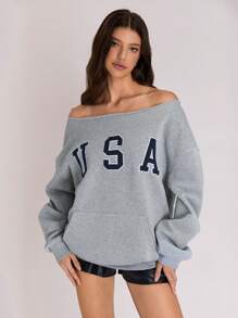 TRNVIE 1st Dames Fleece Sweatshirt Met Borduurontwerp, Open Schouder, Casual, Dagelijkse Kleding Voor De Winter