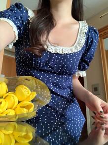 DAZY 女士圆领蕾丝拼接波尔卡圆点中长连衣裙夏季太阳裙，休闲女装 - 藍色 - 查看 8