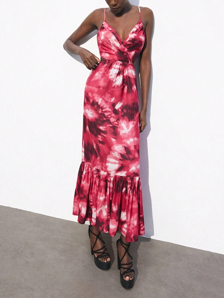 SHEIN Maija Women's Tie-Dye Print Backless Bowknot Cutout Spaghetti Strap Maxi Vacation Dress