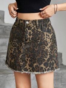 SHEIN 少女休闲牛仔裙配紧身裤，新款豹纹迷彩洗水牛仔迷你裙 - 彩色 - 查看 1