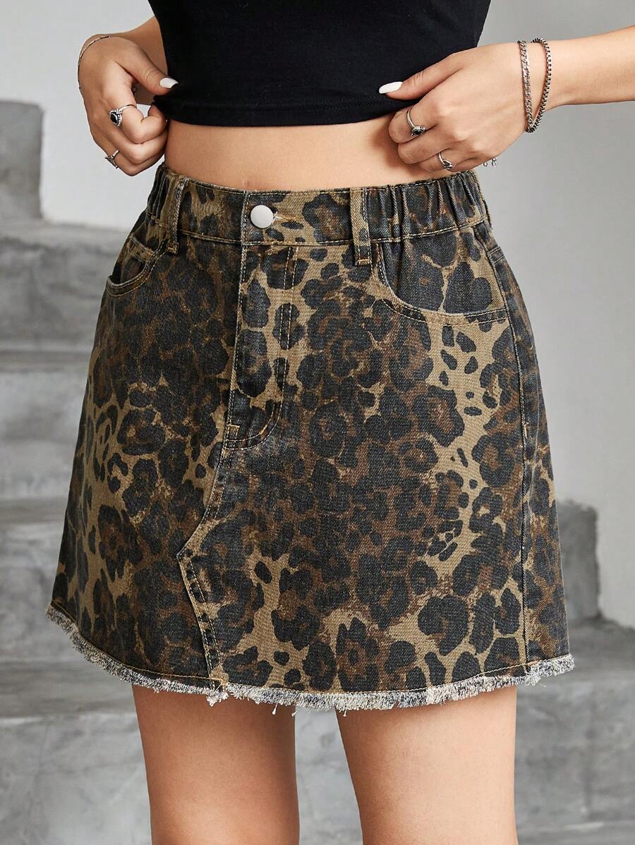 SHEIN 少女休闲牛仔裙配紧身裤，新款豹纹迷彩洗水牛仔迷你裙 - 彩色 - 查看 1