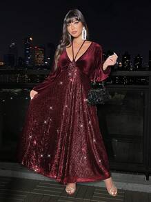 Allurite 大码女式亮片拼布露背长袖优雅连衣裙，适合约会、派对和活动超长女装 - 酒紅色 - 查看 6