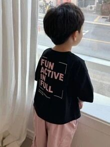 DAZY 2pcs/Set Toddler Boys Letter Print Round Neck Short Sleeve Tee And Long Pants Outfit - Black - View 3