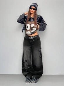 Coolane Women's Y2K Streetwear Denim Star Pattern Dirty Washed Low Rise Pants