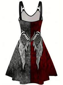 Vestido de mujer de talla grande con estampado de alas de demonio gótico para fiesta de Halloween de verano - Gris - Ver 2