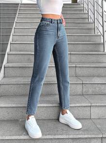 RueChic Zipper Fly Mom Fit Jeans - Blue - View 5